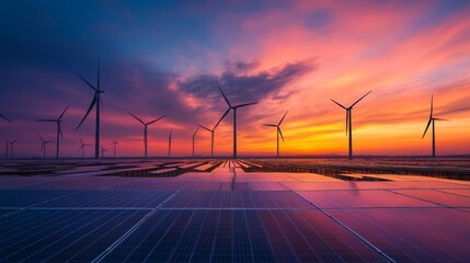 A stunning sunset casts vibrant colors over a renewable energy farm featuring multiple wind turbines and rows of solar panels in a serene landscape