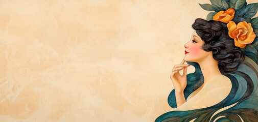 A vintage Art Nouveau advertising collage featuring posters and elegant, flowing illustrations