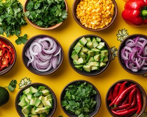 Topdown view of vibrant fresh ingredients like red onion cilantro avocado red pepper and chili peppers in small bowls on a yellow background
