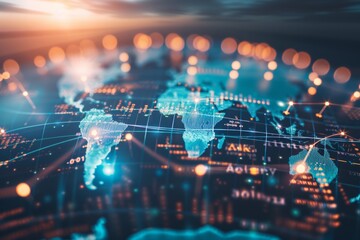 A futuristic representation of a global network is created using glowing elements from a world map in design