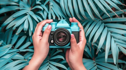 Womans Hands Holding Retro Style Turquoise Camera Against Lush Tropical Green Palm Leaf Background