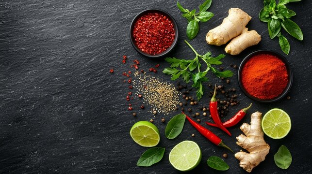 Aromatic Spice Collage Overhead Perspective of Ginger Chili Lime and Red Pepper Flakes on Black Slate