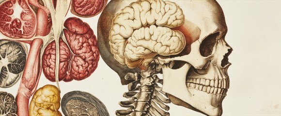 A scientific collage of vintage anatomy engravings, showing detailed human organs and skeletal structures