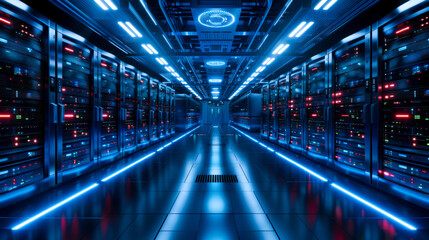 Fototapeta premium A secure data center featuring advanced security systems, illuminated by vibrant blue lights, showcases rows of servers. high tech environment emphasizes safety and efficiency