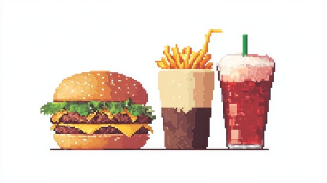 Pixel art illustration of a cheeseburger, fries, and a milkshake, representing a classic fast food meal on a white background.