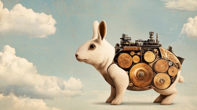 A surreal collage where old engraving-style animals are blended with mechanical parts