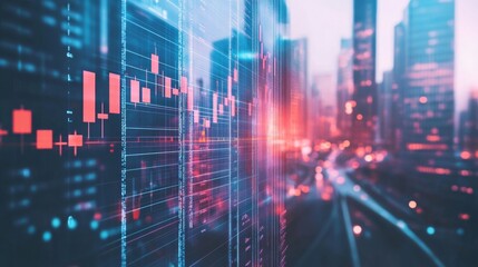 Financial data overlay on urban landscape illustrating stock market trends and activity
