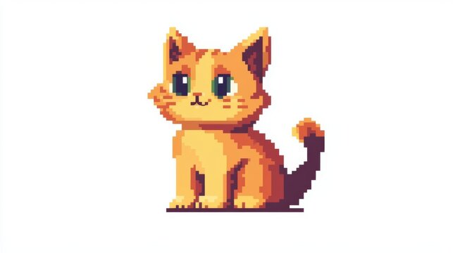 Pixel art of a cute orange cat sitting with a white background. Adorable retro-styled illustration for digital design and animation projects.
