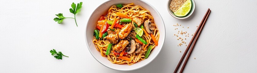 Overhead View of Asian Noodles with Chicken Vegetables and Sesame Seeds in a White Bowl on a White Table with Chopsticks