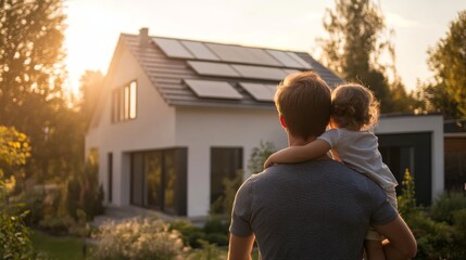 A father holds his young daughter as they gaze at their eco-friendly home with solar panels, bathed in the warm glow of sunset amidst vibrant greenery