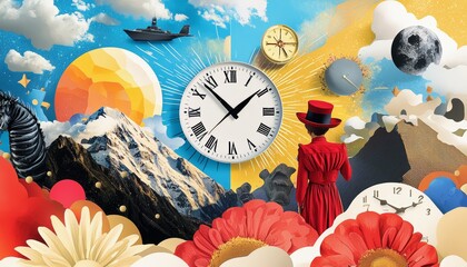 A time-travel cartoon collage where groovy characters explore different historical periods in wild costumes