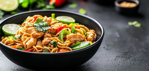 Closeup of a black bowl filled with chicken noodles and vegetables shot from a low angle with a dark background