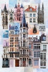 Obraz premium A travel-inspired collage featuring Art Nouveau architecture and landmarks from cities like Paris and Brussels