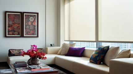 A beautifully designed living room showcases floral decorations and modern furniture, illuminated by natural light pouring through large windows during the day