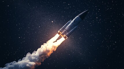 Obraz premium Rocket ascends into the starry sky, leaving a trail of white smoke as it launches into space