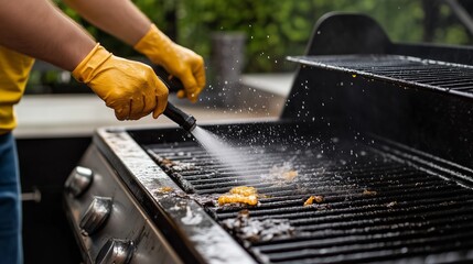 Cleaning a backyard grill with a spray nozzle on a sunny afternoon in a residential garden