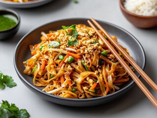 Closeup of Pad Thai with Chopsticks Peanuts and Cilantro on a Grey Surface