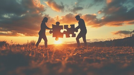 Fototapeta premium Business partners connect puzzle pieces at sunset, showcasing teamwork and collaboration outdoors