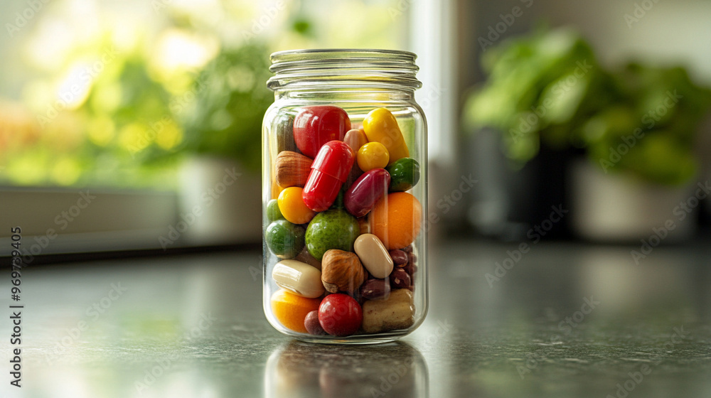 Poster transparent glass pill-shaped capsule filled with colorful assorted fruits. Symbolizing health, vitality, and the fusion of nature with modern wellness