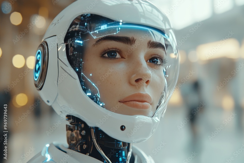 Poster neurocybernetics synaptic flow brainwaves neural circuits and glowing circuits female robot portrait