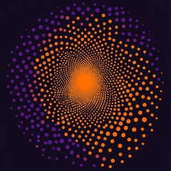 Swirling orange and purple dots create a vibrant halftone pattern on a dark background
