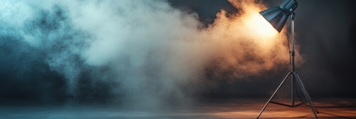 Fototapeta premium Vintage studio lighting with smoke on dark background for creative photography and film production