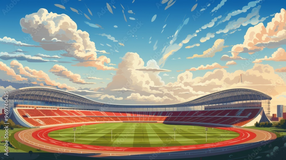 Poster minimalist design of an open air gym or stadium highlighting simple lines and spatial arrangement