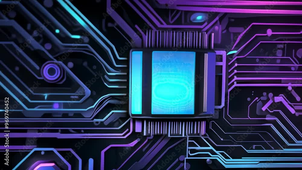 Poster a vibrant, abstract visualization of circuit technology, showcasing a microchip surrounded by lumino