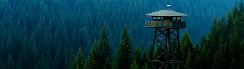 A fire lookout tower against a backdrop of dense forest, symbolic of vigilance, Watchfulness, care