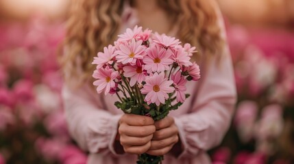 Young Girl, Soft Focus, Holds Bouquet of Pink Daisies in a Field Love and Tenderness Concept.