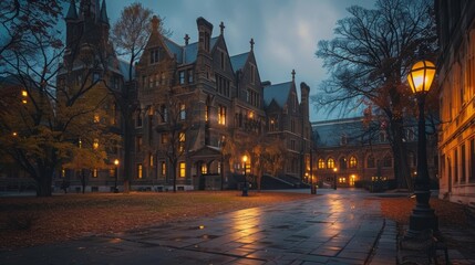 Obraz premium Iconic Ivy League Campus at Dusk - Elegant Architecture and Illuminated Walkways for Academic Prestige
