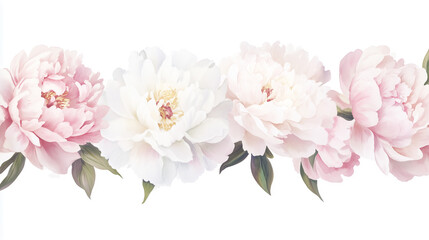 Fototapeta premium White and pastel pink peonies are arranged on white background for invitation design