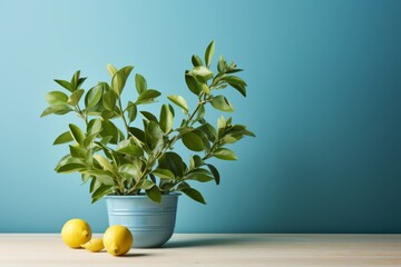 Minimalist still life composition featuring fruits, wood, plants, and ceramics on simple background