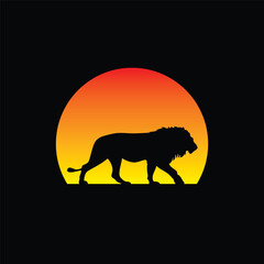 Silhouette of a lion against a striped retro sunset. Original vector illustration in vintage style isolated on light background. T-shirt design.