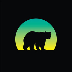 Silhouette of a bear against a striped retro sunset. Original vector illustration in vintage style isolated on light background. T-shirt design.