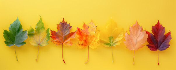 Fototapeta premium Top view of colourful autumnal maple leaves lying on the yellow background. Background, banner and wallpaper concept.