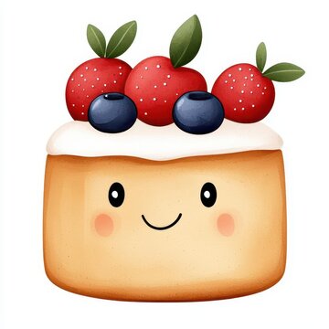 recommend clip art: A single cute Fruitcake with a warm glow and a cheerful expression, watercolor illustration, clipart, isolated on pure white background
