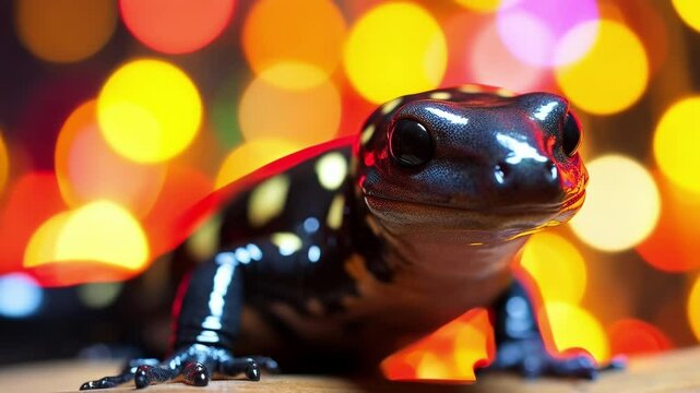 Shiny black salamander with yellow spots is resting on a wooden surface against a background of blurred christmas lights