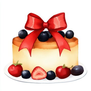 recommend clip art: A single cute Fruitcake with a bright red bow and sparkling edges, watercolor illustration, clipart, isolated on pure white background