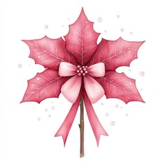 Fototapeta premium A whimsical illustration of a pink poinsettia with elegant leaves and a ribbon, perfect for festive decor.