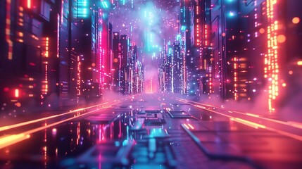 Fototapeta premium A vibrant disco environment with glowing neon lights creates a dazzling display against a futuristic urban backdrop, showcasing reflections and colors at night