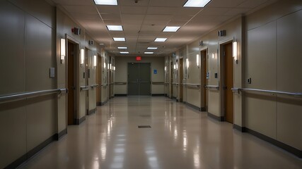 Empty Corridor with Doors and Handrails in saudi arabian Hospital