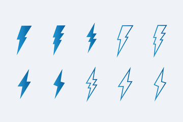 Set of Energy Lightning Bolt Vector Illustration and Outlined Icons with Blue Gradient - Electricity and Power Symbols