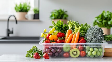 Kitchen Countertop Still Life Fresh Produce in Plastic Container High Angle Perspective Closeup Detail on Carrots and Kiwi