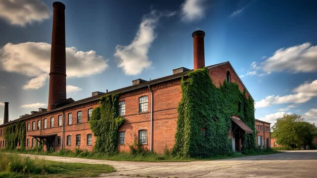 An industrial brick factory engulfed in ivy under a cloudy sky, suggesting a historical atmosphere and potential restoration theme