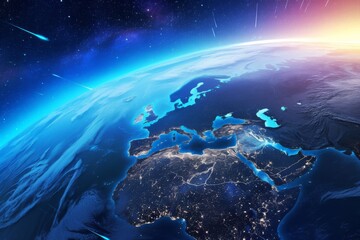 Planet Earth Viewed from Space with Glowing Lights Highlighting the Borders Between Asia and Europe. Detailed Global Map Illustration with Nighttime Lights.

