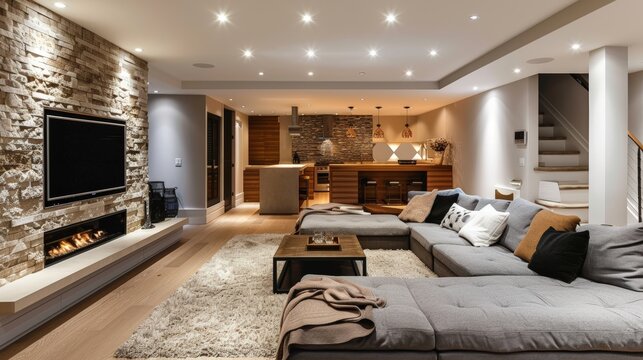Modern Basement Renovation with Cozy Seating, Entertainment Area, and Energy Efficient Lighting