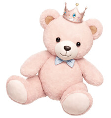 Obraz premium Pink teddy bear with crown on a transparent background