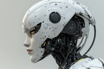 Fototapeta premium Neural communication brain mapping cyber augmentation neural pathways and brain mapping side view of a robotic head with complex wiring symbolizing artificial intelligence and engineering