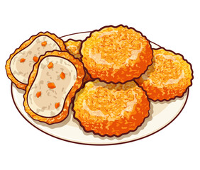 Japanese korokke curry illustration vector. Japanese sweet potato korokke curry cartoon icon vector. 
Japanese potato croquette vegetarian. Japanese street food korokke curry icon design.